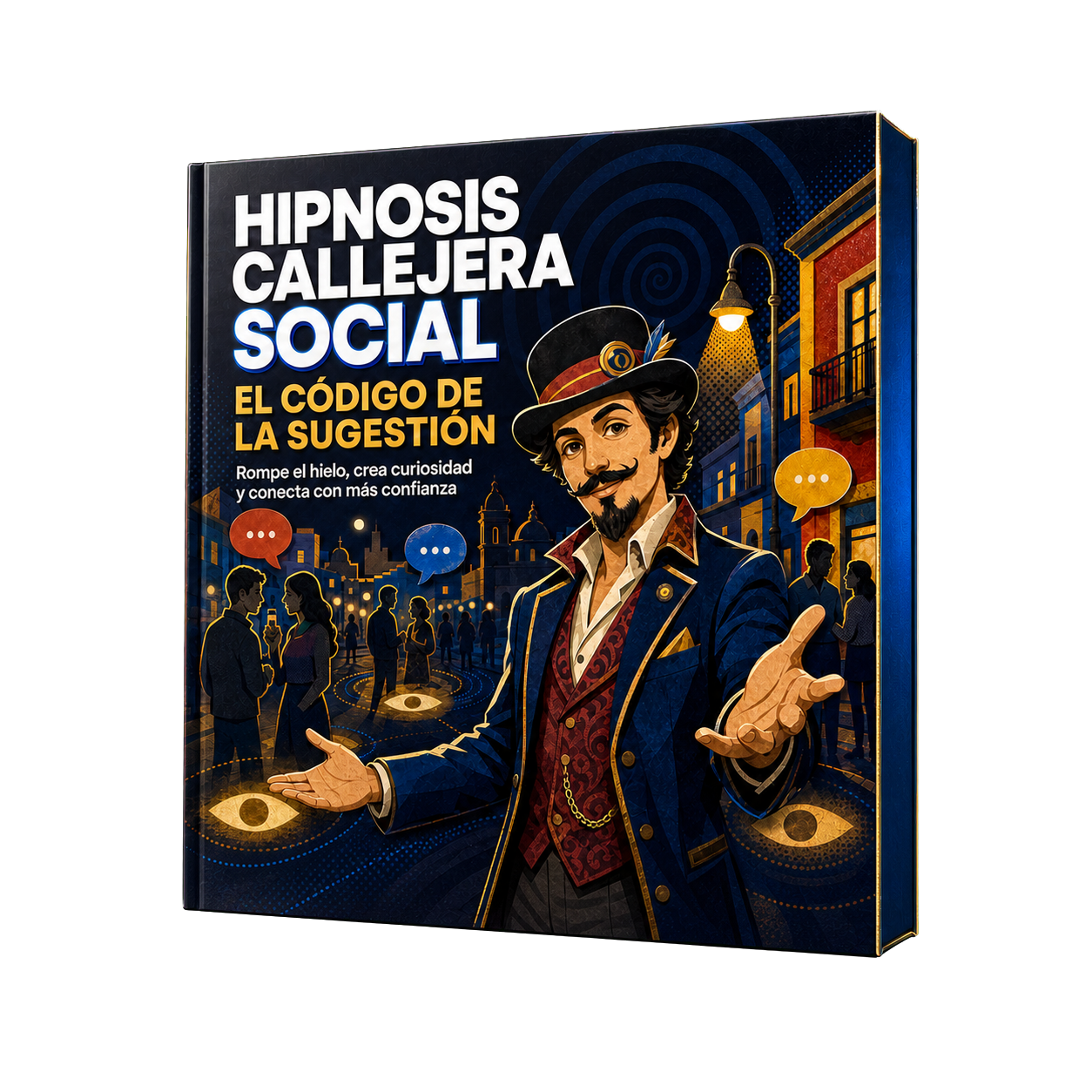 Mockup del producto: caja de 'Hipnosis Callejera Social · El Código de la Sugestión' con la ilustración de El Oráculo de la Calle